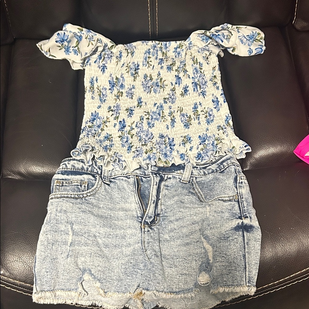 Floral Smocked Top and Denim Skirt Set